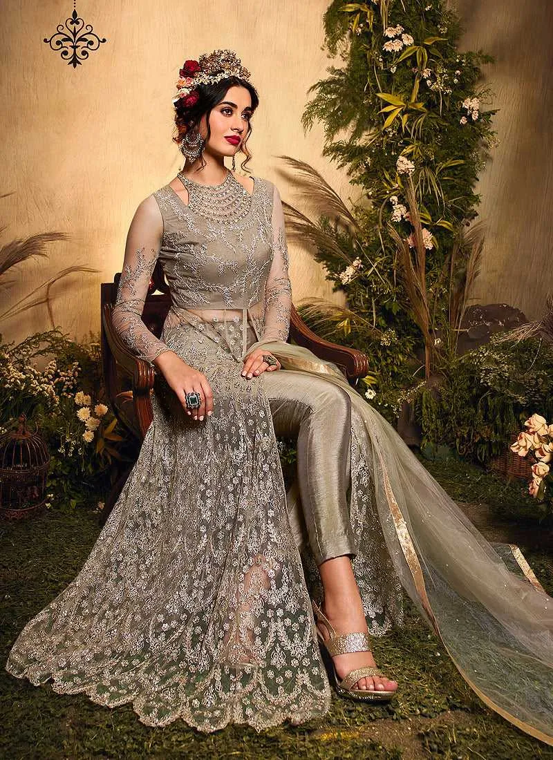 Grey Color Heavy Embroidered Lehenga/ Pant Style Anarkali