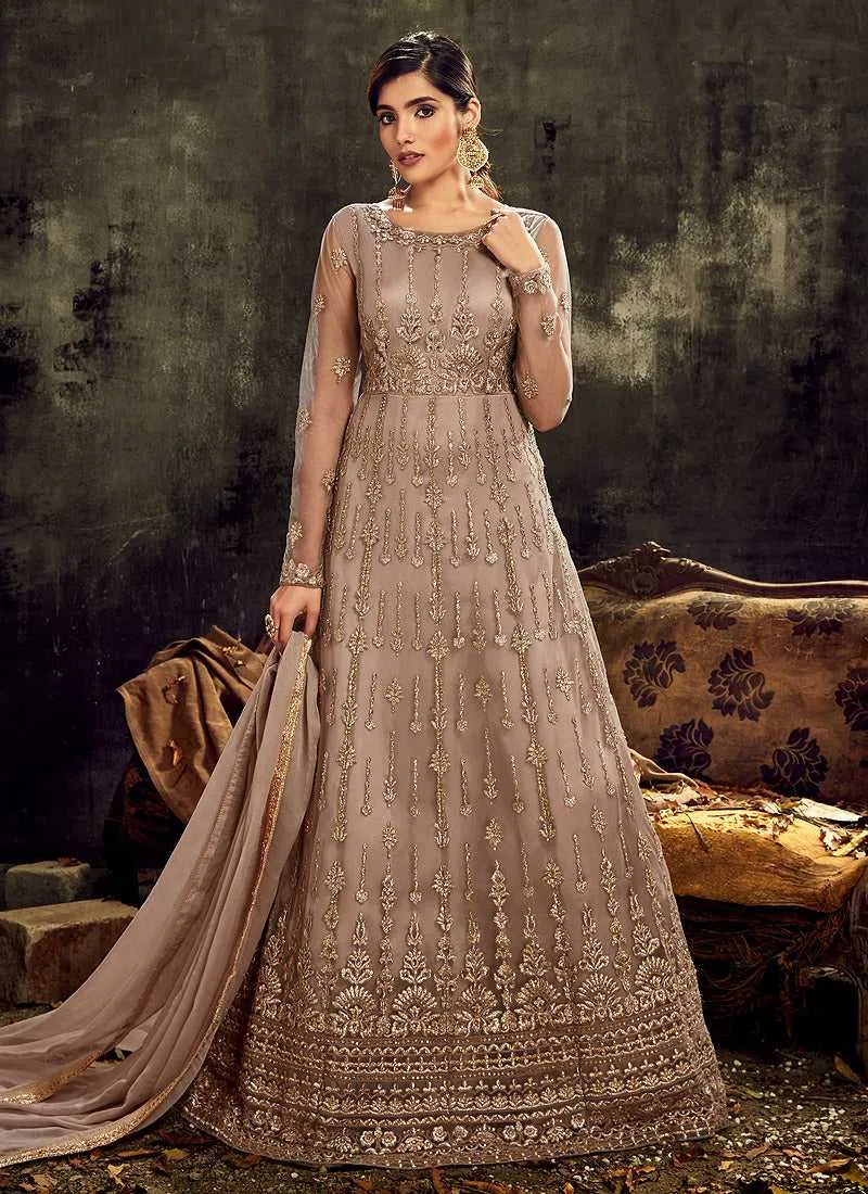 Grey Embroidered Kalidar Anarkali Style Suit