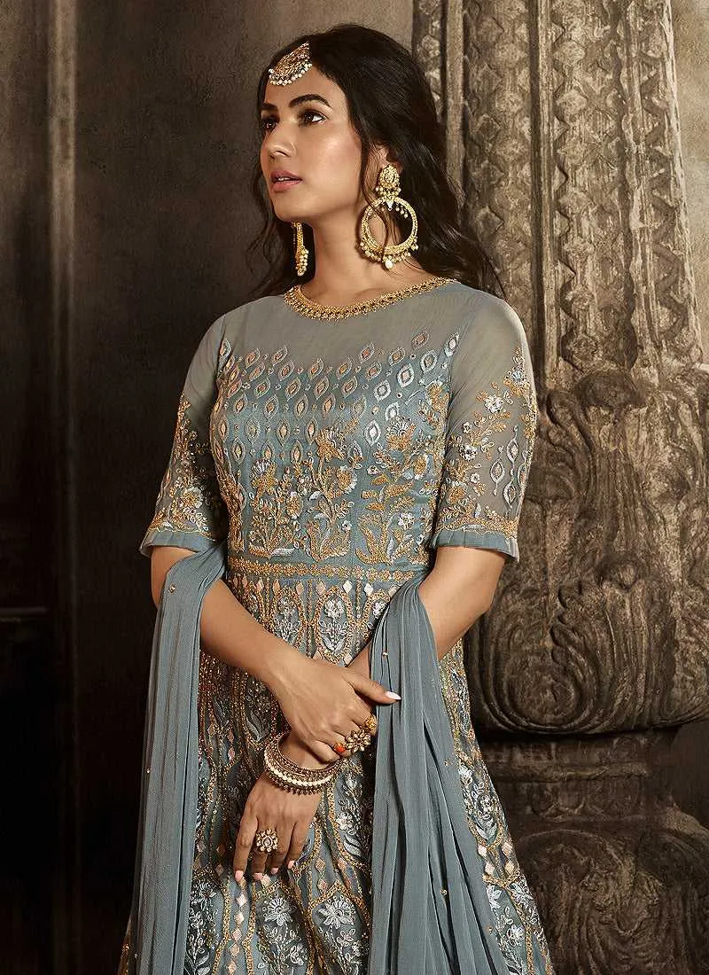 Grey Floral Embroidered Heavy Anarkali Suit