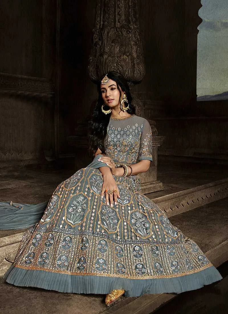 Grey Floral Embroidered Heavy Anarkali Suit