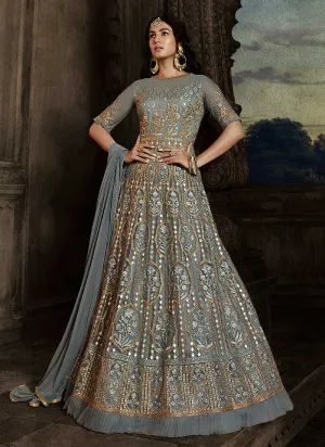 Grey Floral Embroidered Heavy Anarkali Suit