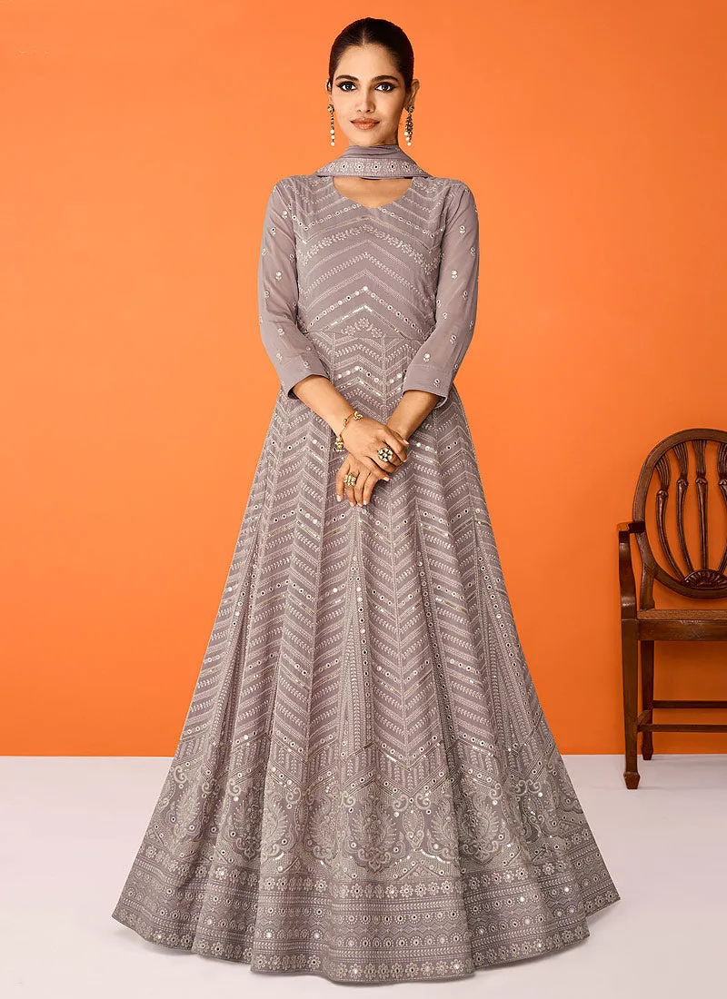 Grey Heavy Embroidered Floor touch Kalidar Anarkali