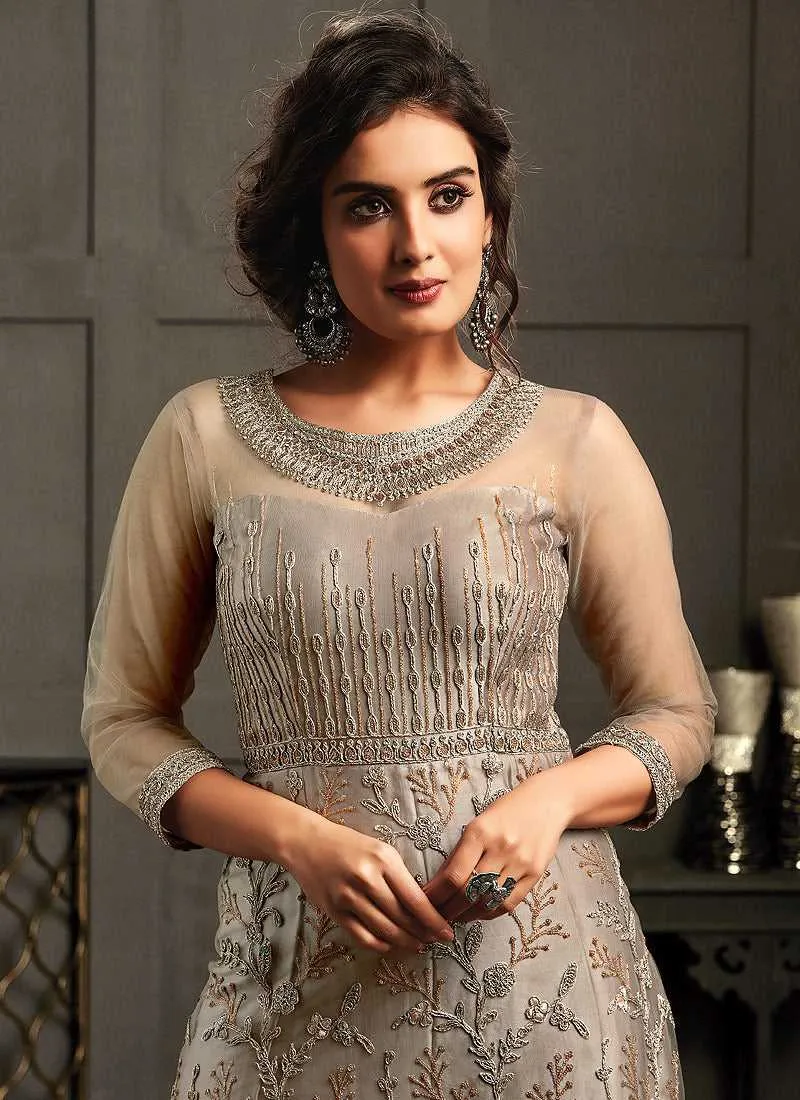 Grey Heavy Embroidered Gown Style Anarkali Suit