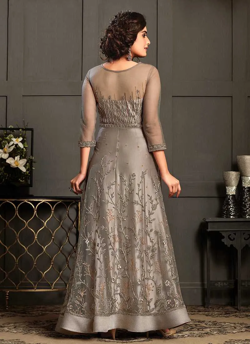 Grey Heavy Embroidered Gown Style Anarkali Suit