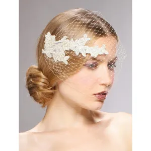 Handmade French Netting Bandeau Bridal Veil with Vintage Lace