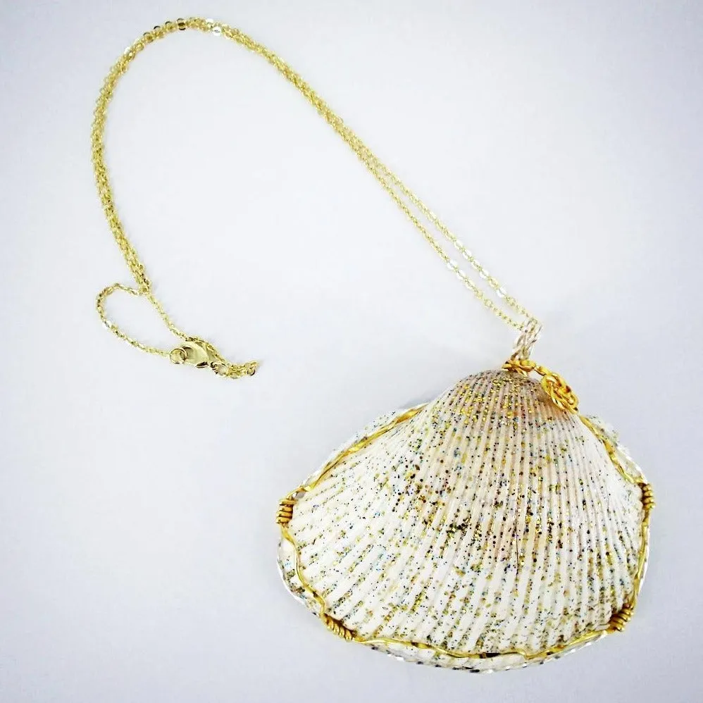 Handmade Super Sweet Giant Cockle Shell Pendant – Gold/Silver Wire Twirl, Glitter Embellished✨-Beach Boho
