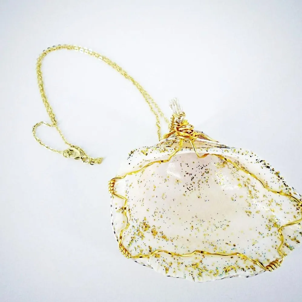 Handmade Super Sweet Giant Cockle Shell Pendant – Gold/Silver Wire Twirl, Glitter Embellished✨-Beach Boho
