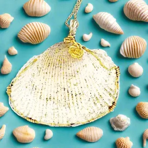 Handmade Super Sweet Giant Cockle Shell Pendant – Gold/Silver Wire Twirl, Glitter Embellished✨-Beach Boho