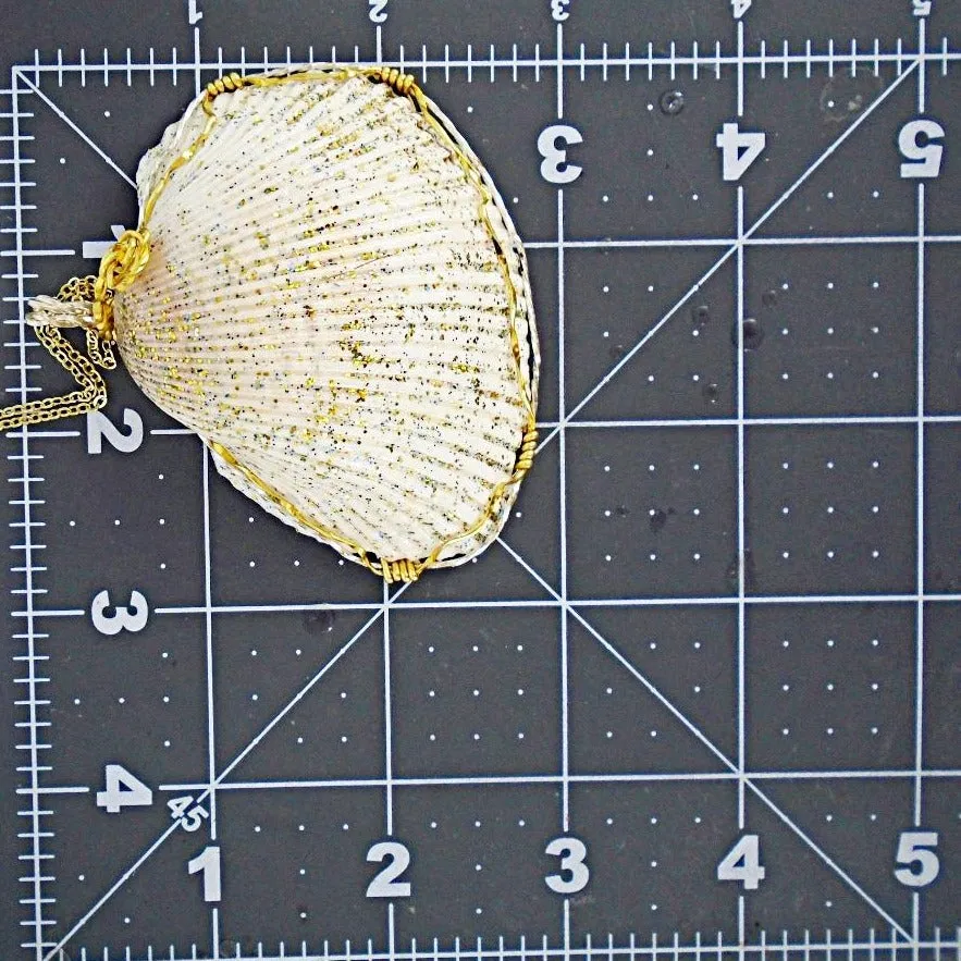 Handmade Super Sweet Giant Cockle Shell Pendant – Gold/Silver Wire Twirl, Glitter Embellished✨-Beach Boho