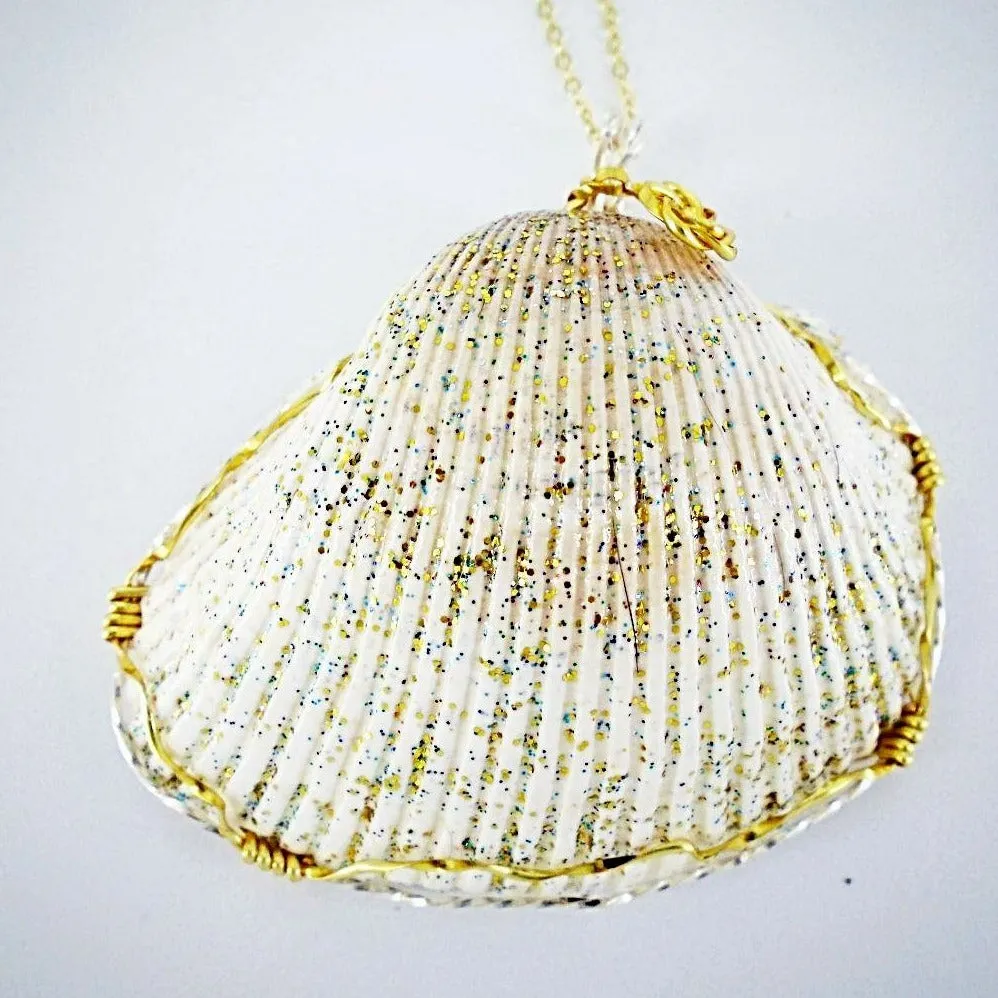 Handmade Super Sweet Giant Cockle Shell Pendant – Gold/Silver Wire Twirl, Glitter Embellished✨-Beach Boho