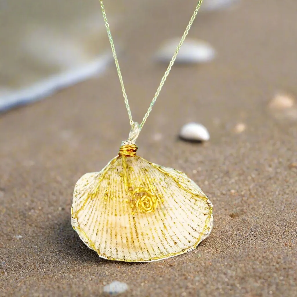 Handmade Super Sweet Giant Cockle Shell Pendant – Gold/Silver Wire Twirl, Glitter Embellished✨-Beach Boho