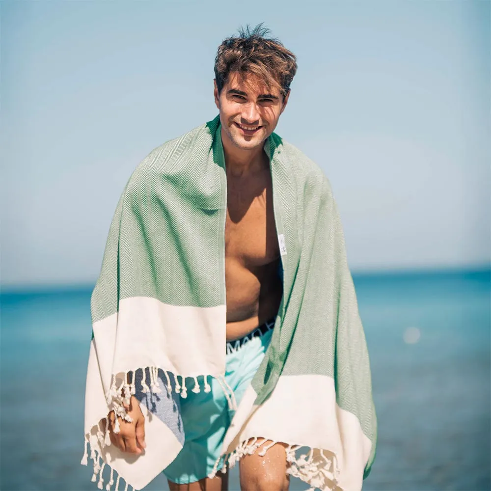 Herringbone Turkish Towel & Peshtemal Beach Towel - Green