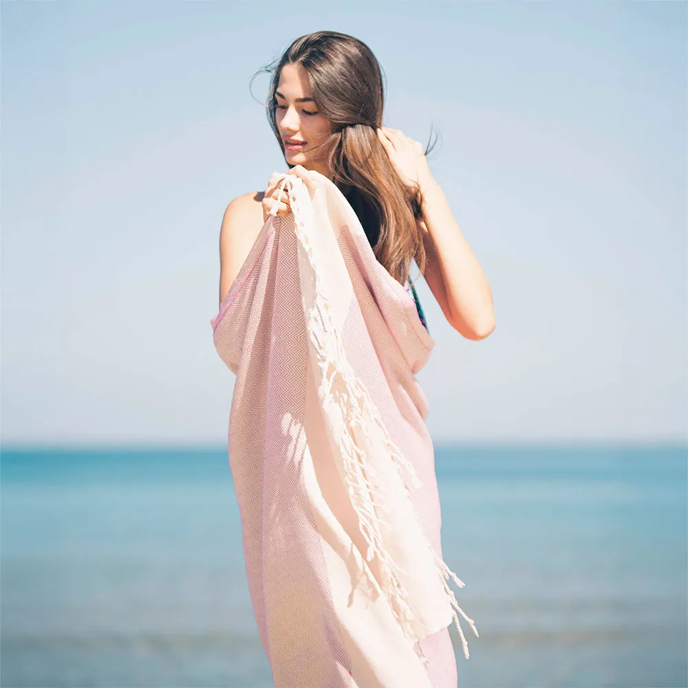 Herringbone Turkish Towel & Peshtemal Beach Towel - Pink