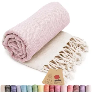 Herringbone Turkish Towel & Peshtemal Beach Towel - Pink