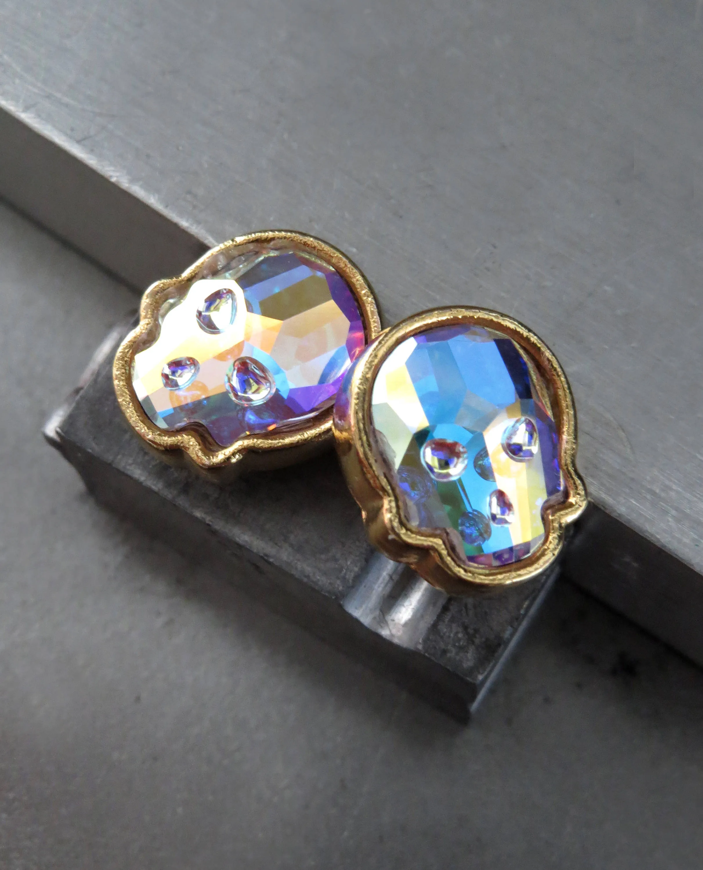 Iridescent Crystal AB Skull Stud Earrings - Gold