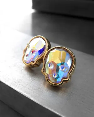 Iridescent Crystal AB Skull Stud Earrings - Gold