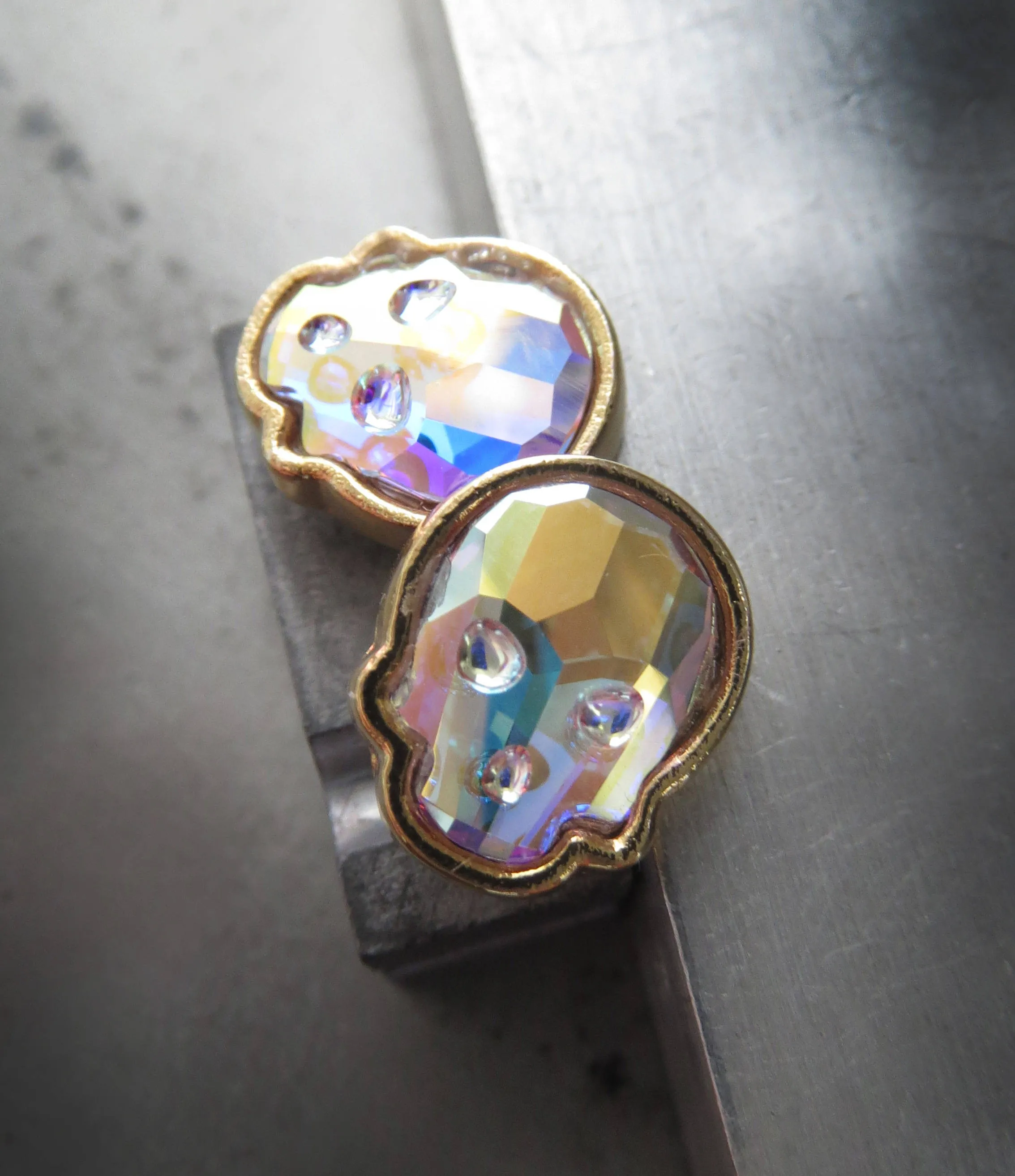 Iridescent Crystal AB Skull Stud Earrings - Gold
