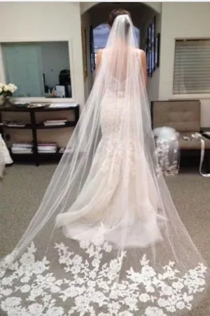 Ivory Lace Edge Chapel Length Wedding Veils, Bridal Veil APWV0001