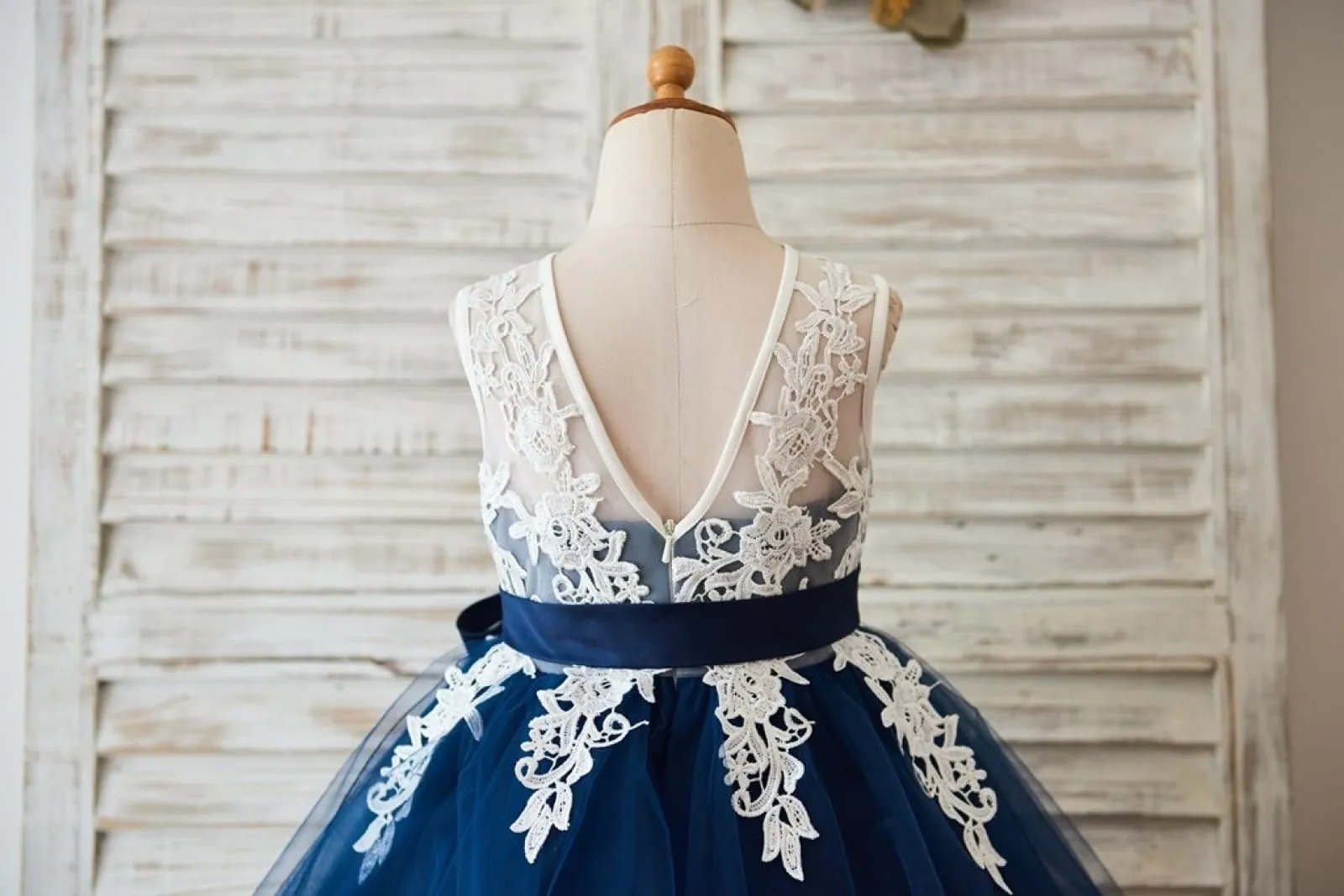 Ivory Lace Navy Blue Tulle Wedding Flower Girl Dress, V Back