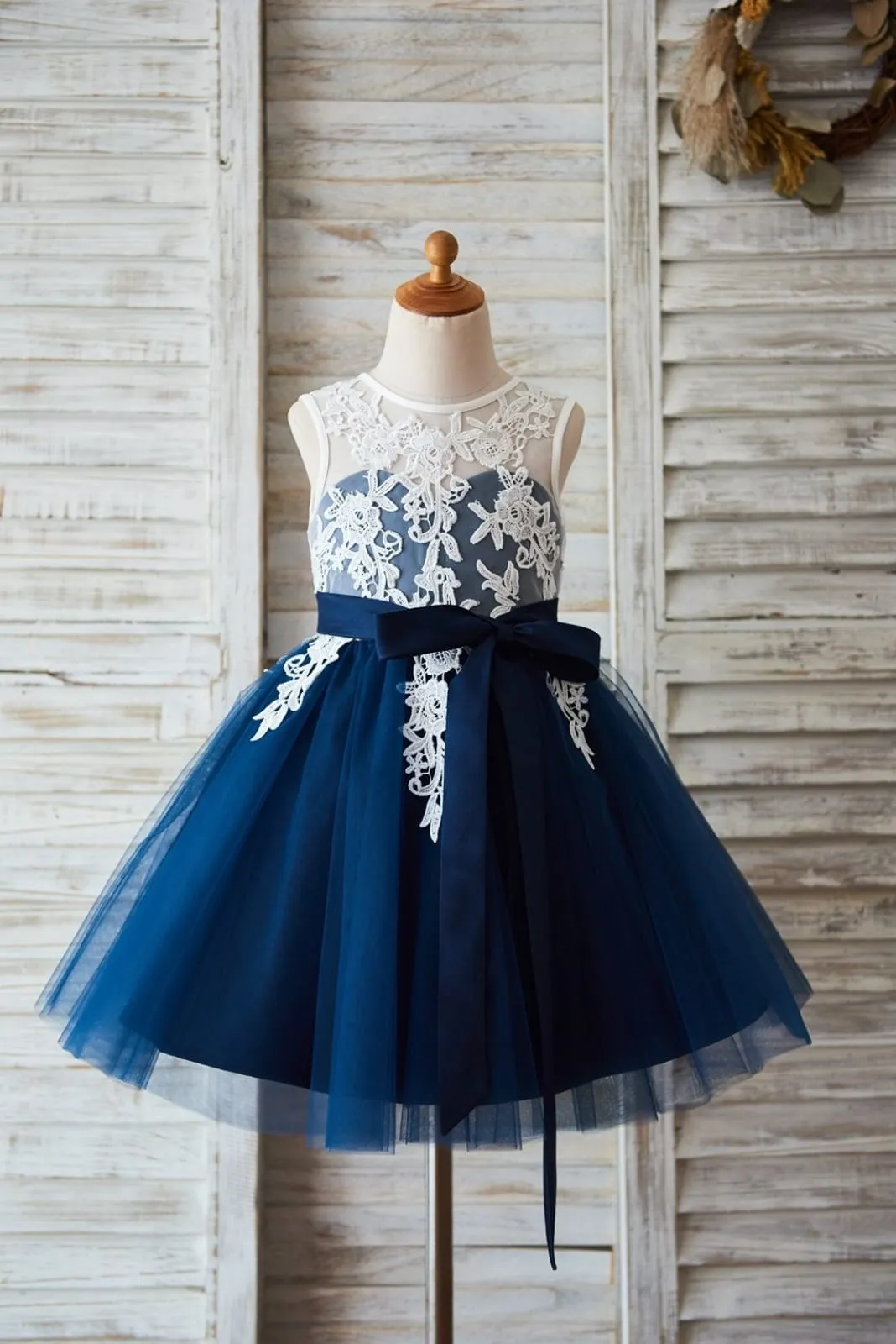 Ivory Lace Navy Blue Tulle Wedding Flower Girl Dress, V Back