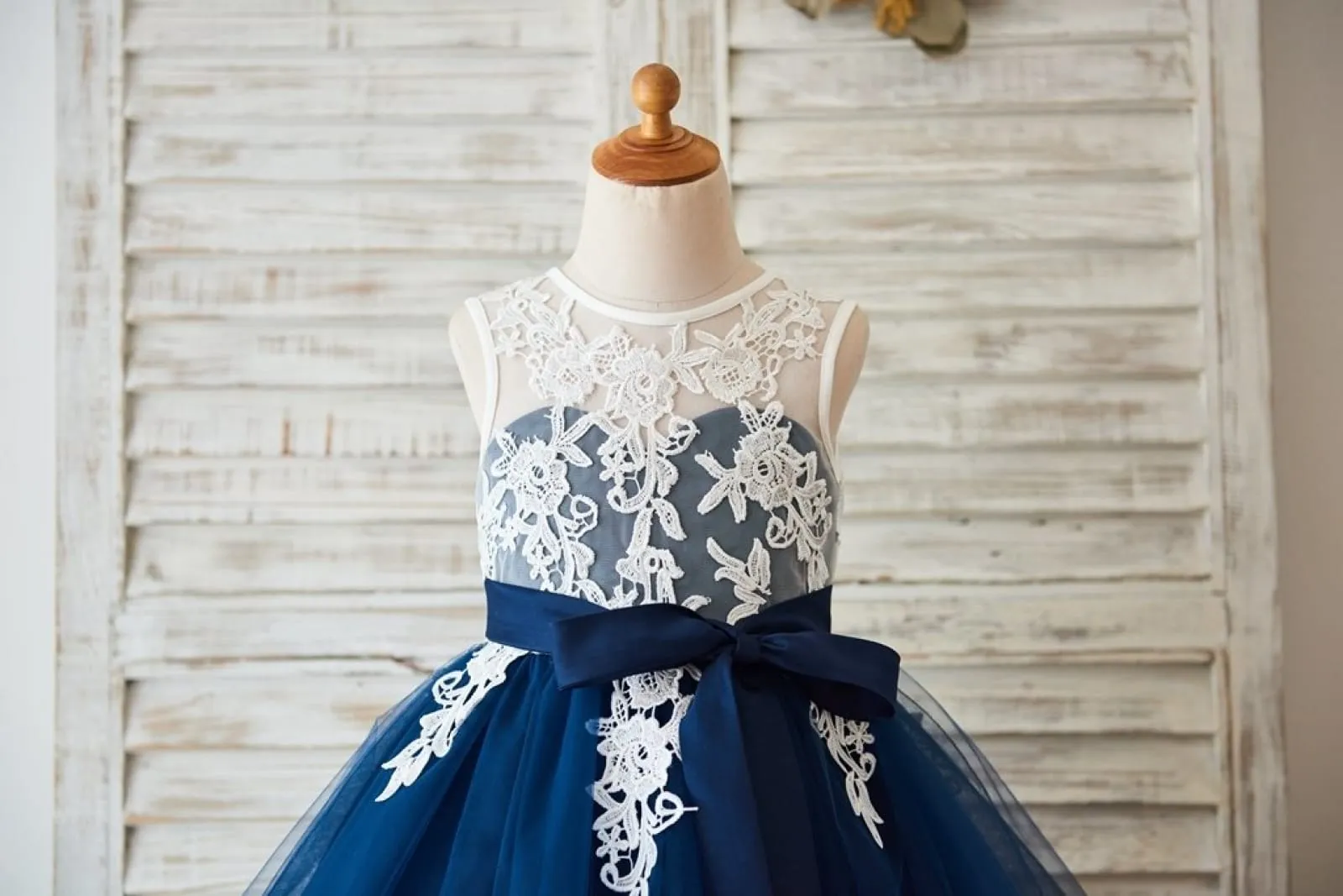 Ivory Lace Navy Blue Tulle Wedding Flower Girl Dress, V Back