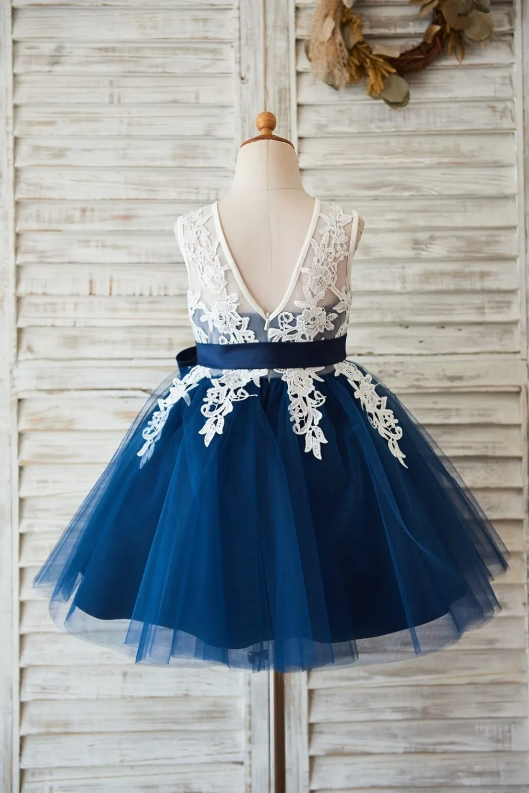 Ivory Lace Navy Blue Tulle Wedding Flower Girl Dress, V Back