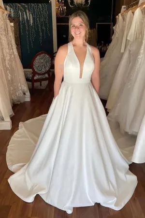 Ivory Satin Deep V-neck Wedding Dresses With Pockets, Bridal Gowns, MW895