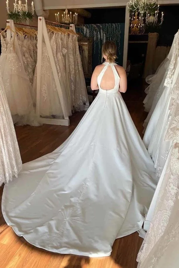 Ivory Satin Deep V-neck Wedding Dresses With Pockets, Bridal Gowns, MW895