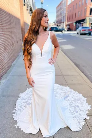 Ivory Satin Mermaid V-neck Lace Wedding Dresses With Court Train, MW907