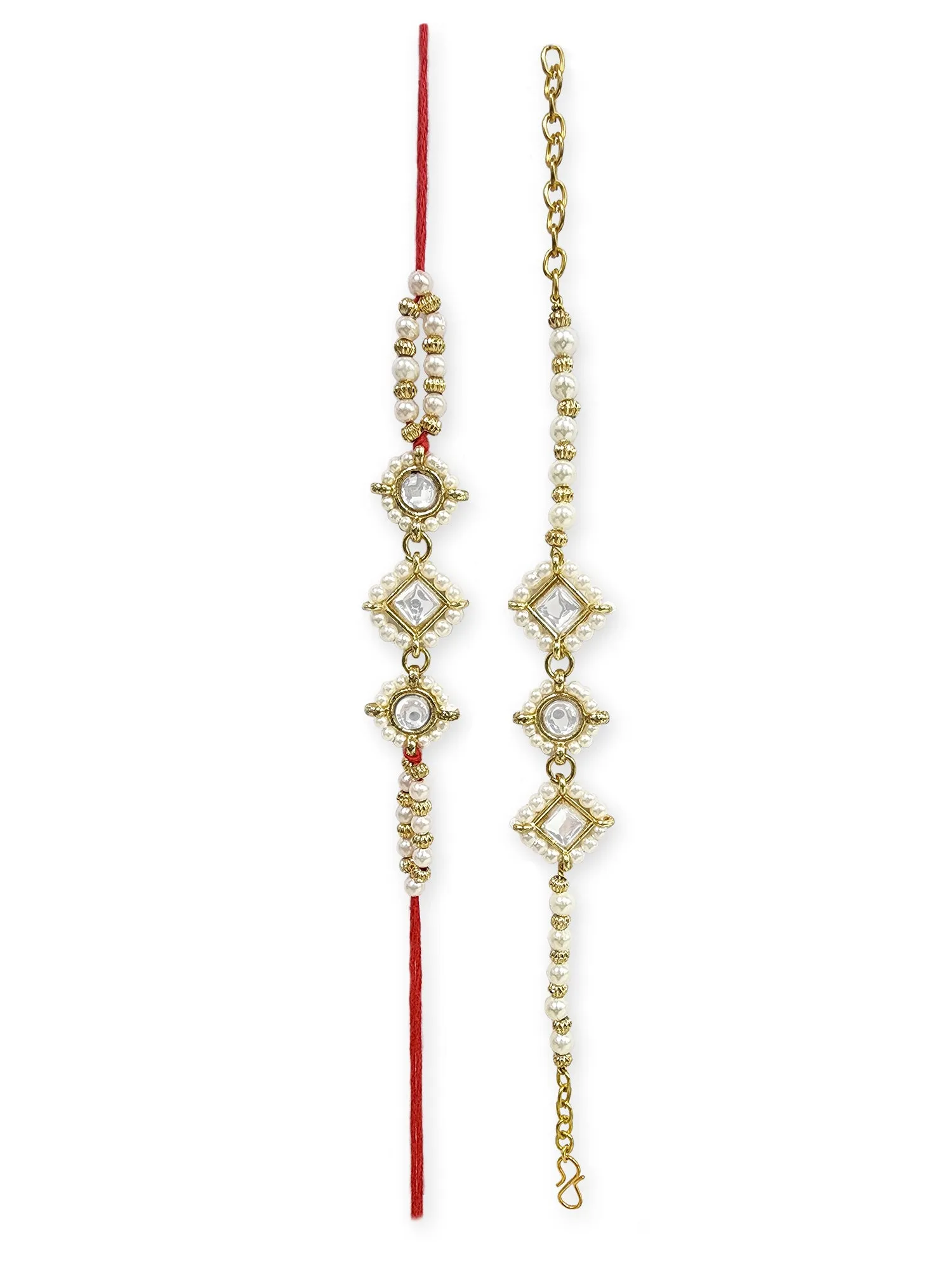 Karatcart Rakhi for Brother and Bhabhi Set of 2 Gold Plated Pearl Beaded Kundan Bhiya Bhabhi Rakhi Combo with Roli & Chawal