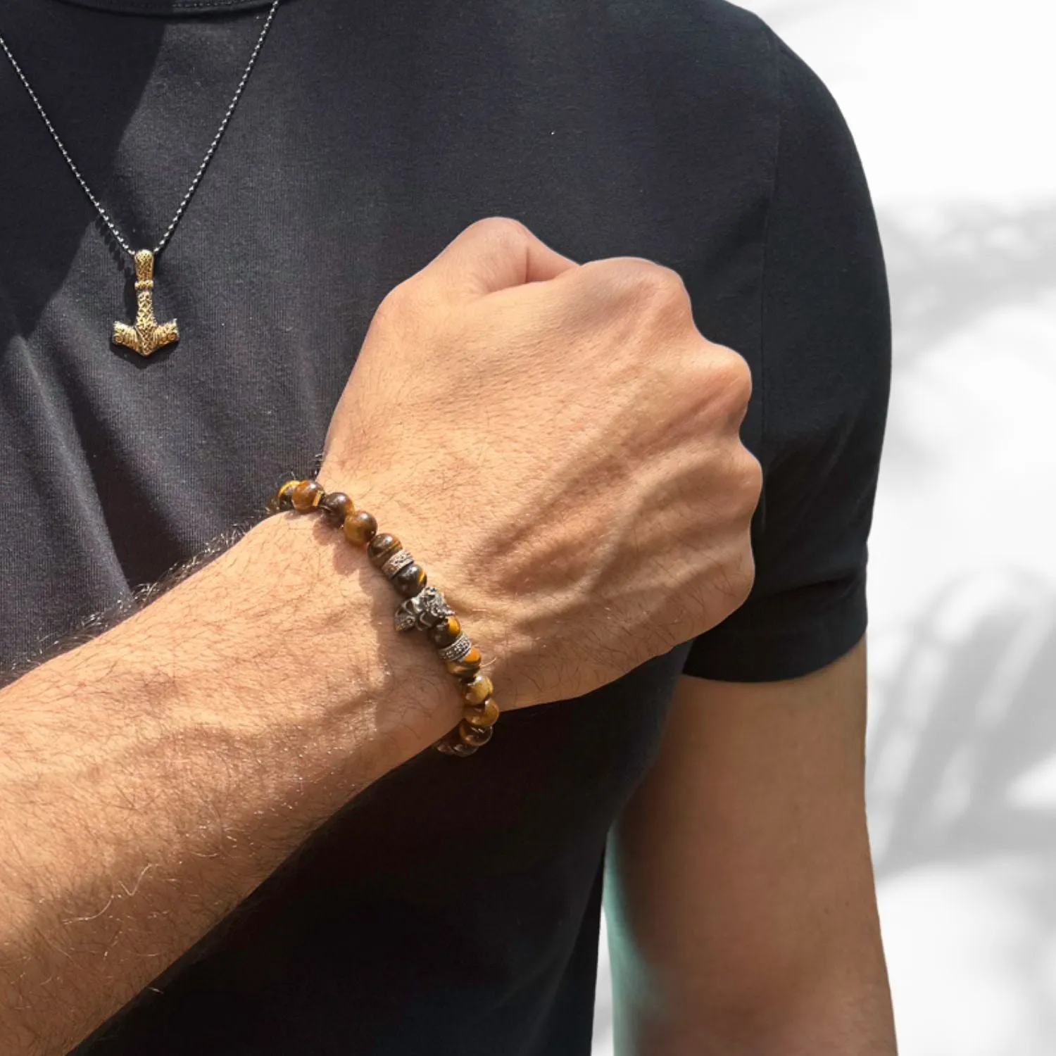 King Skull Tiger's Eye Stone Beaded Bracelet