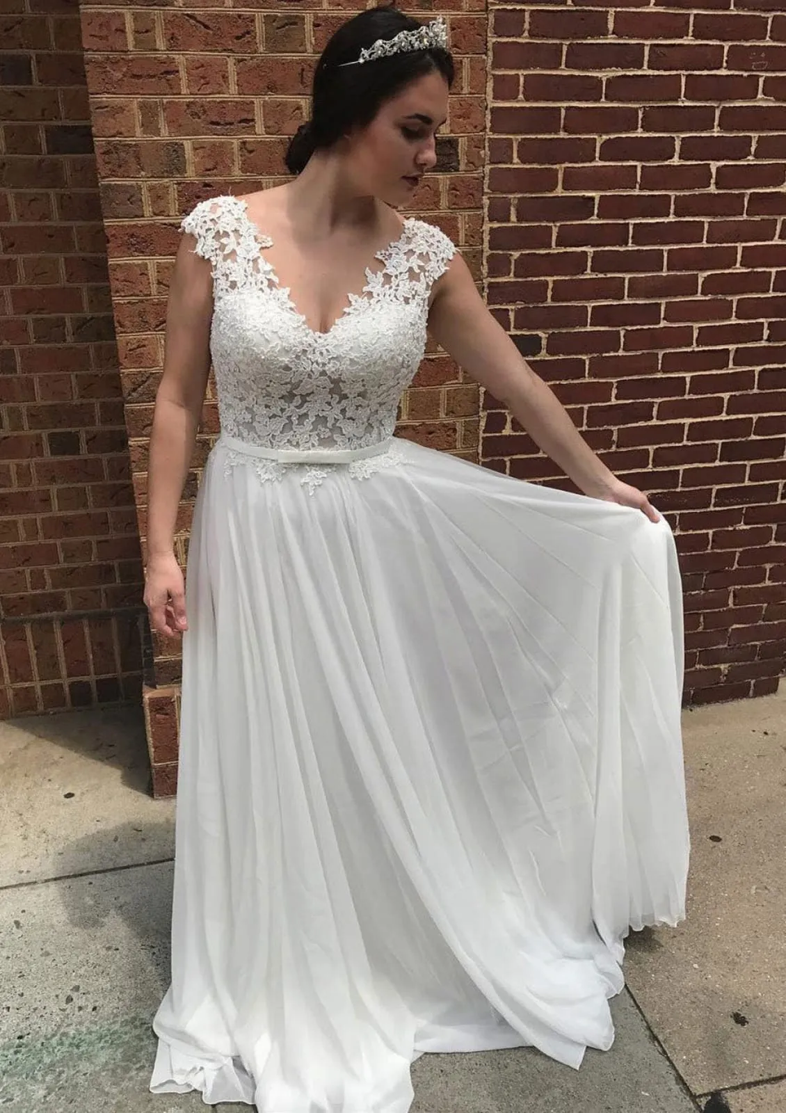 Lace Chiffon V-Neck Sweep A-Line Wedding Dress, Belt Pleats