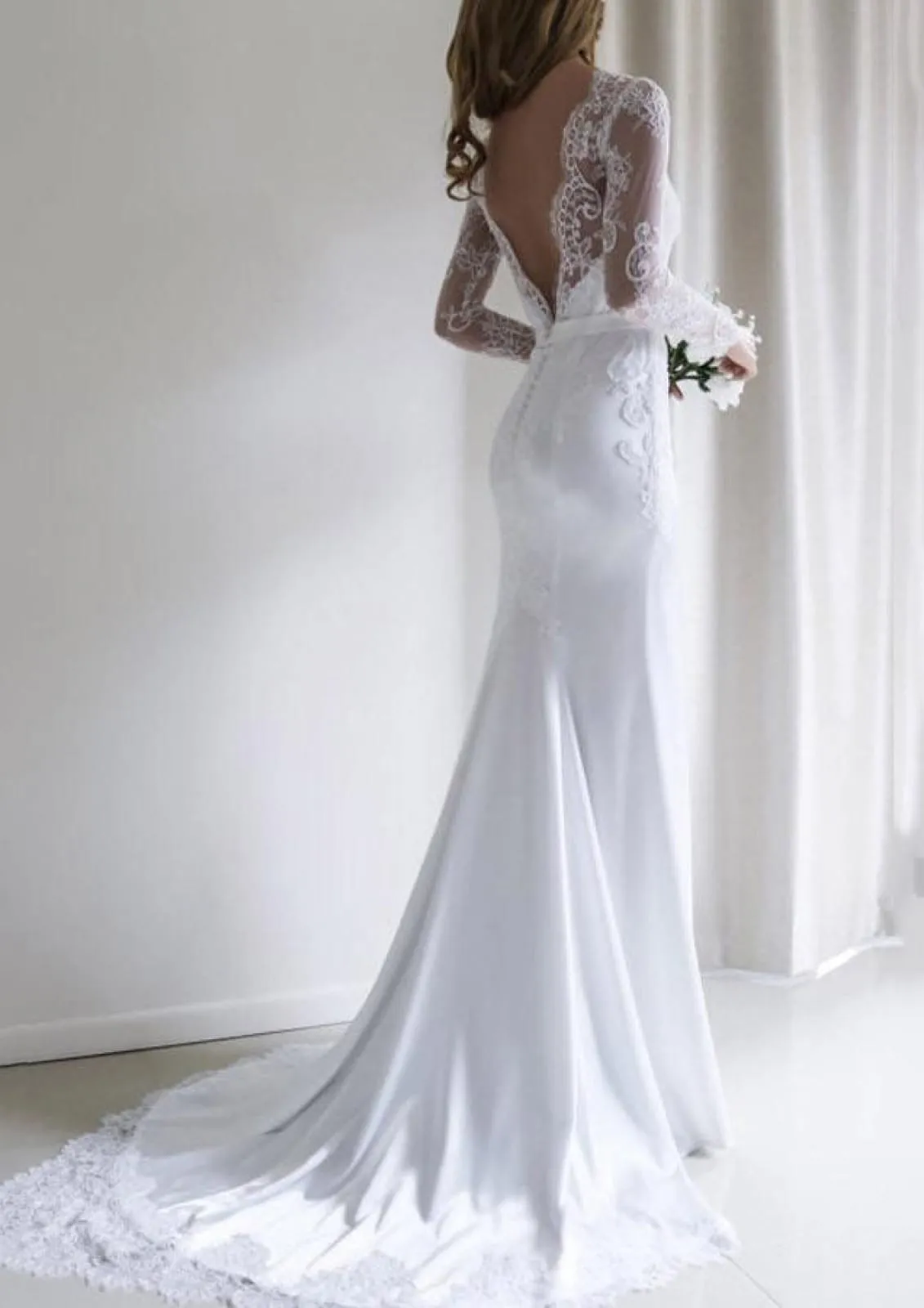 Lace Elastic Satin Bateau Long Sleeve Court Mermaid Wedding Dress, Fishtail