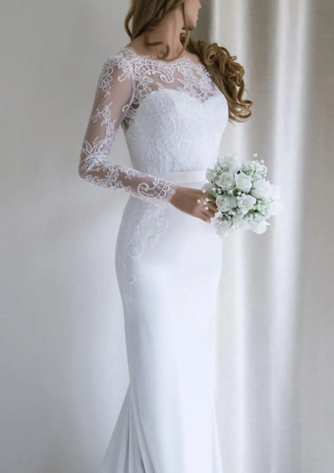Lace Elastic Satin Bateau Long Sleeve Court Mermaid Wedding Dress, Fishtail