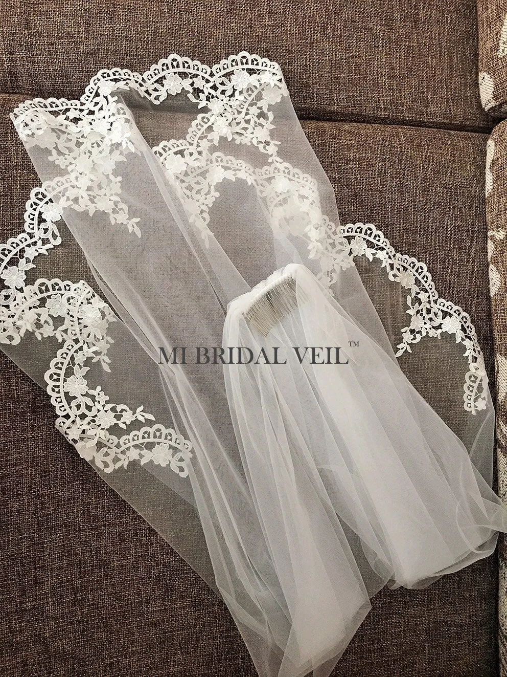 Lace Wedding Veil, Venice Crochet Lace Bridal Veil Fingertip, in Ivory / White / Black, Mi Bridal
