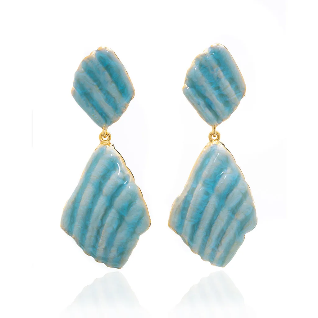Large Ridged Shell Drop Earring Goldtone Ocean Blue