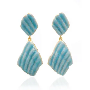 Large Ridged Shell Drop Earring Goldtone Ocean Blue