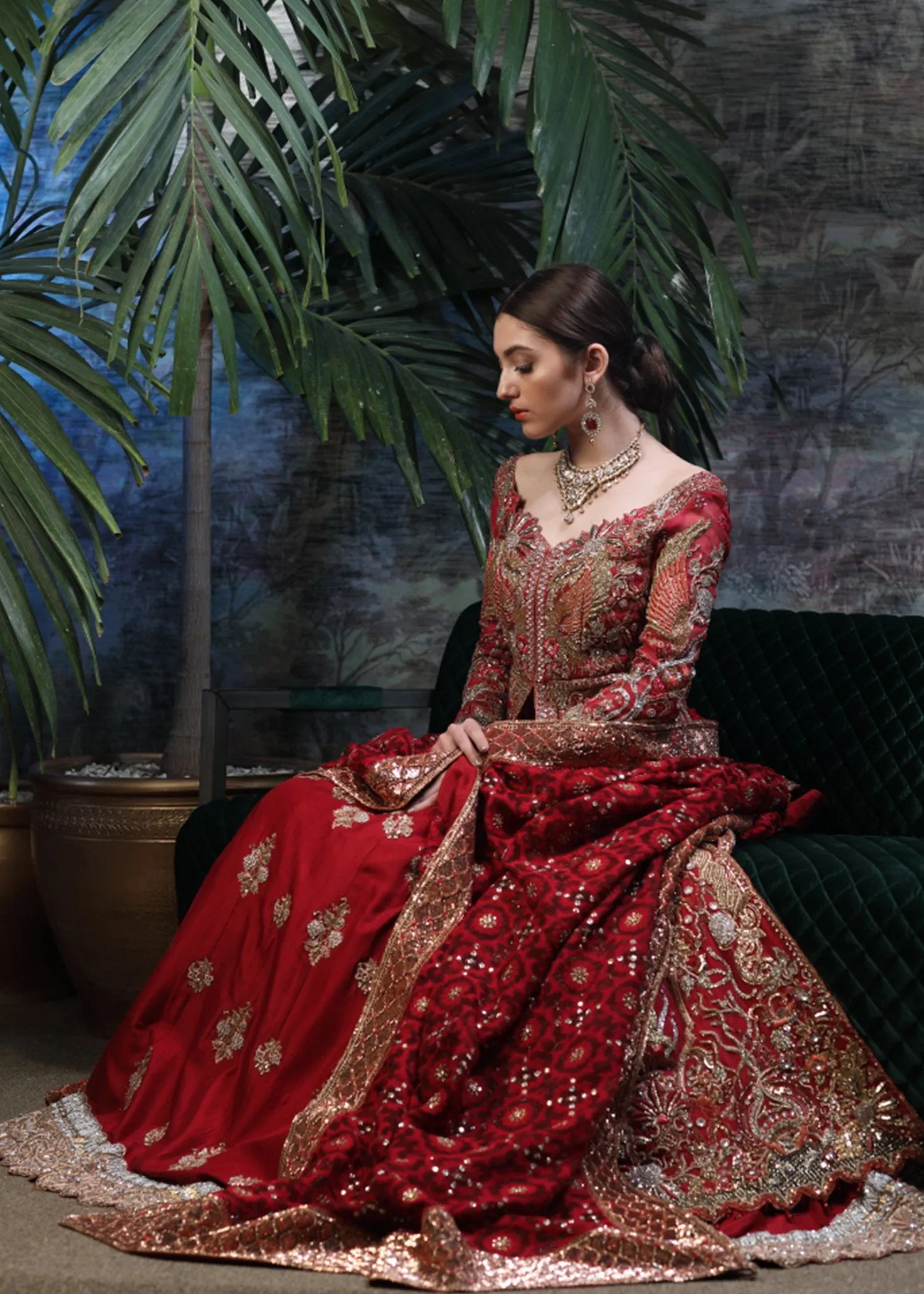 Latest designer bridal lehnga outfit in lush red color for wedding # B3450