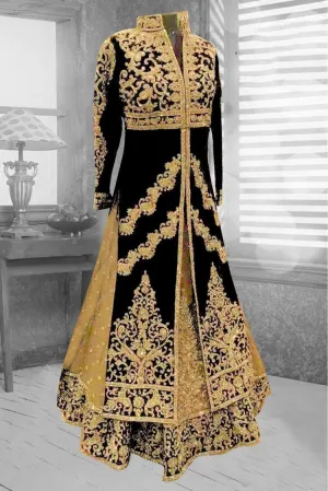 Latest embroidered Arabic bridal outfit in black and golden color # A2202