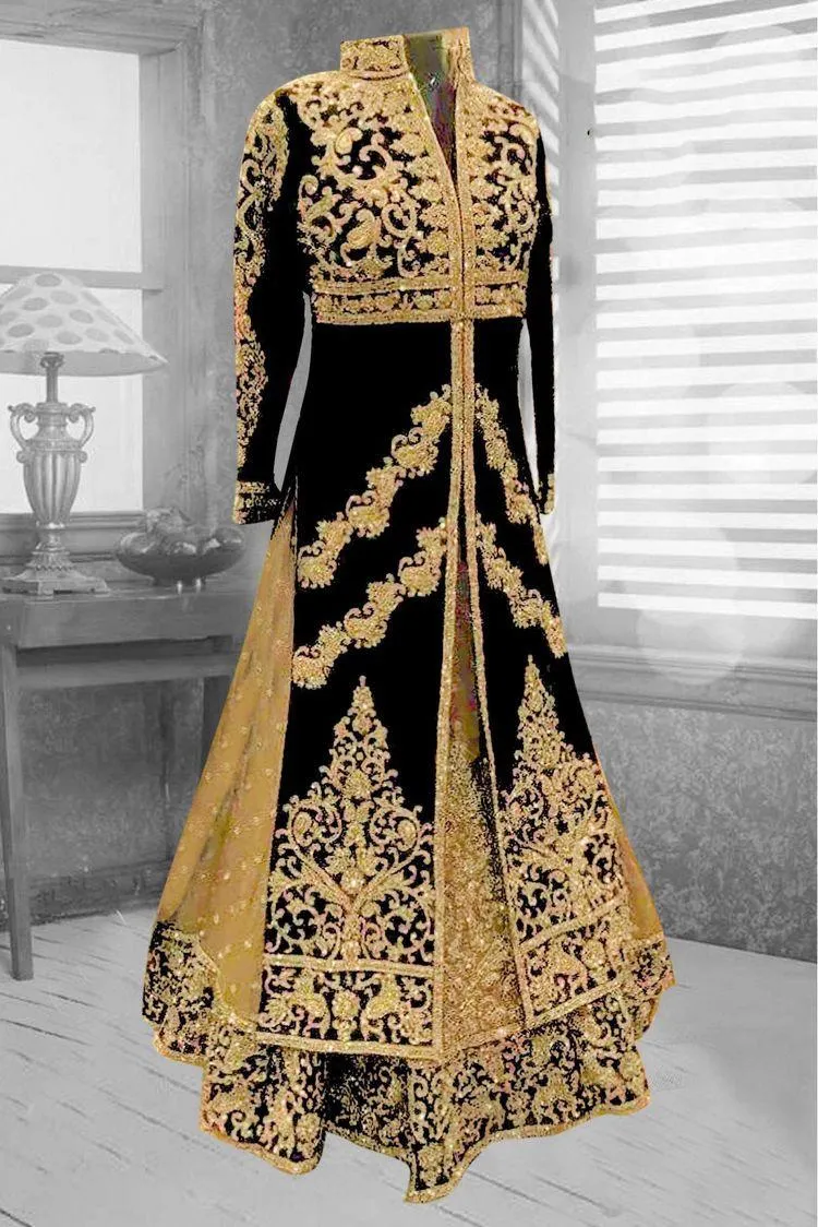 Latest embroidered Arabic bridal outfit in black and golden color # A2202