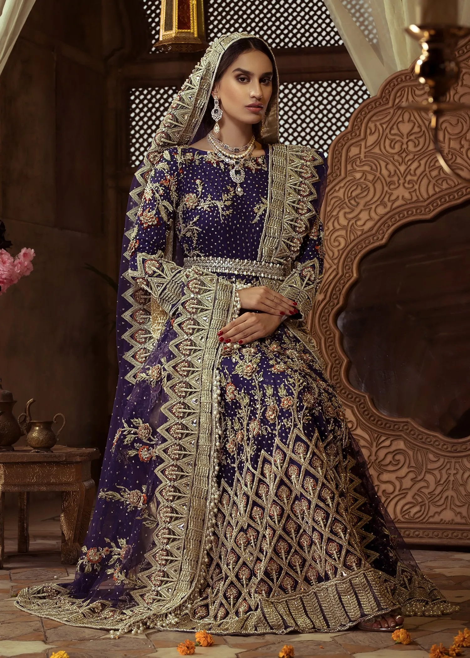 Latest Pakistani Embroidered online bridal Outfit in blue color # B3472