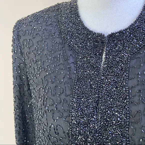 Laurence Kazar Black Beaded Jacket Top Small Fancy Holiday Sparkles Festival