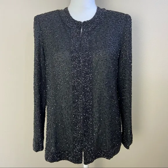 Laurence Kazar Black Beaded Jacket Top Small Fancy Holiday Sparkles Festival