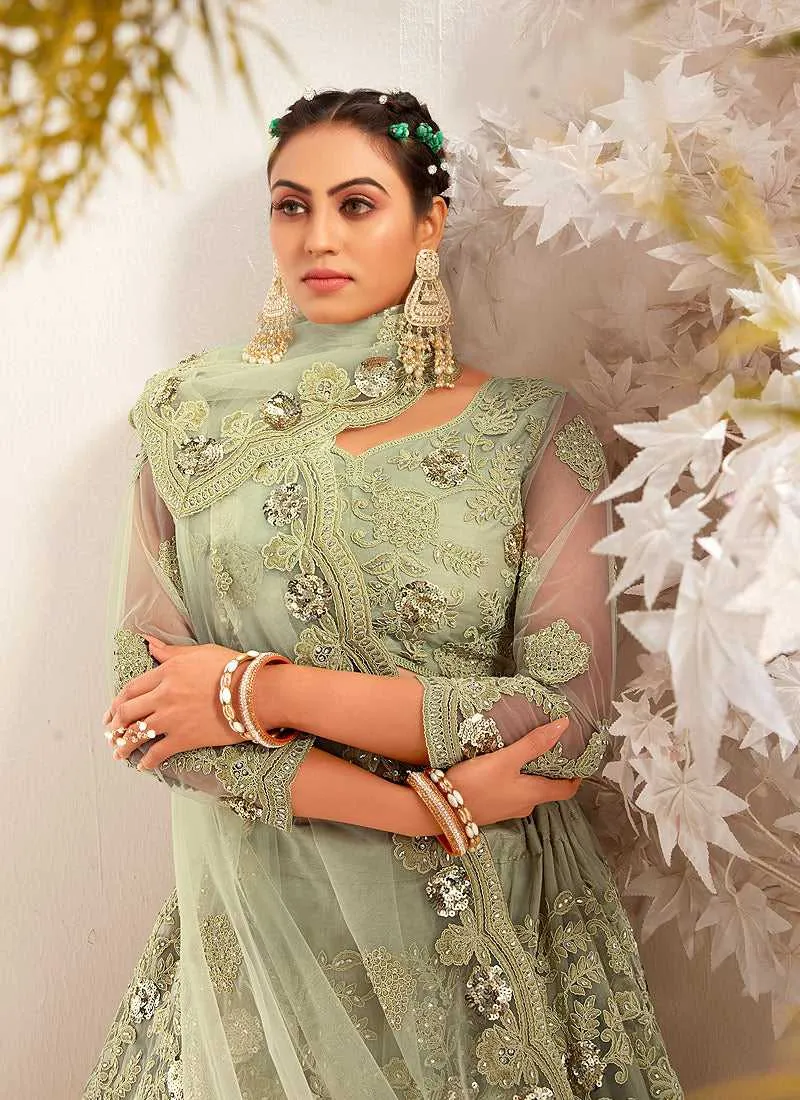 Ligh Green Heavy Net Embroidered Kalidar Lehenga Choli