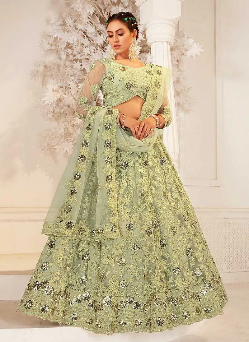 Ligh Green Heavy Net Embroidered Kalidar Lehenga Choli