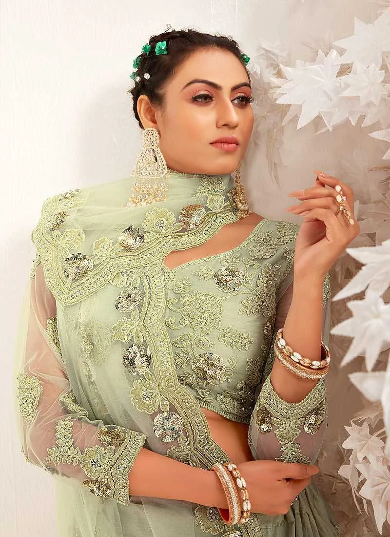 Ligh Green Heavy Net Embroidered Kalidar Lehenga Choli