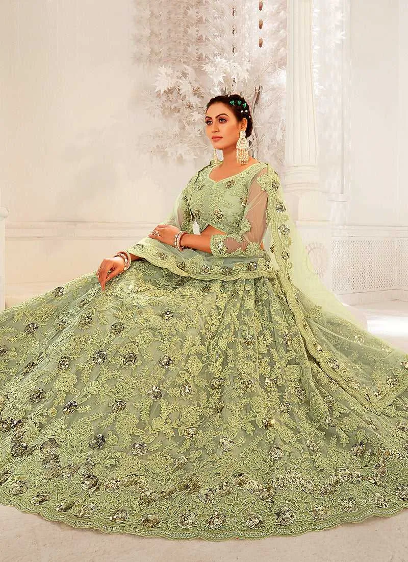 Ligh Green Heavy Net Embroidered Kalidar Lehenga Choli