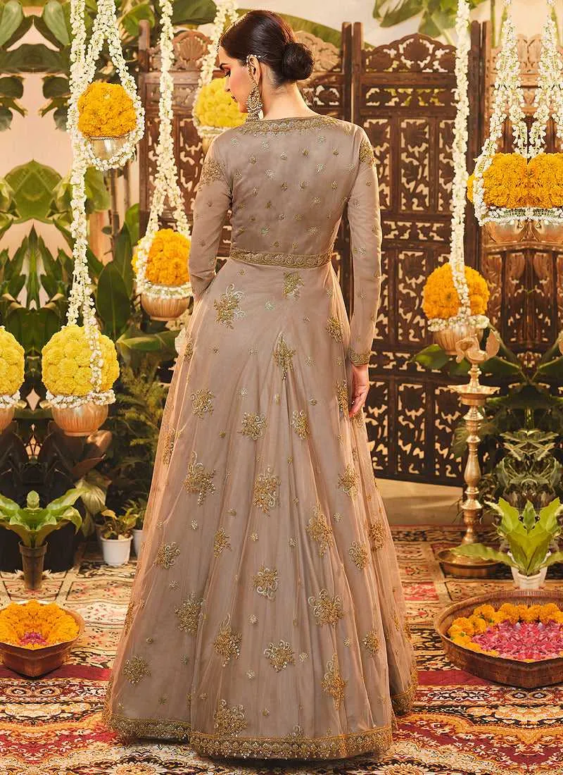Light Beige Heavy Embroidered Kalidar Anarkali