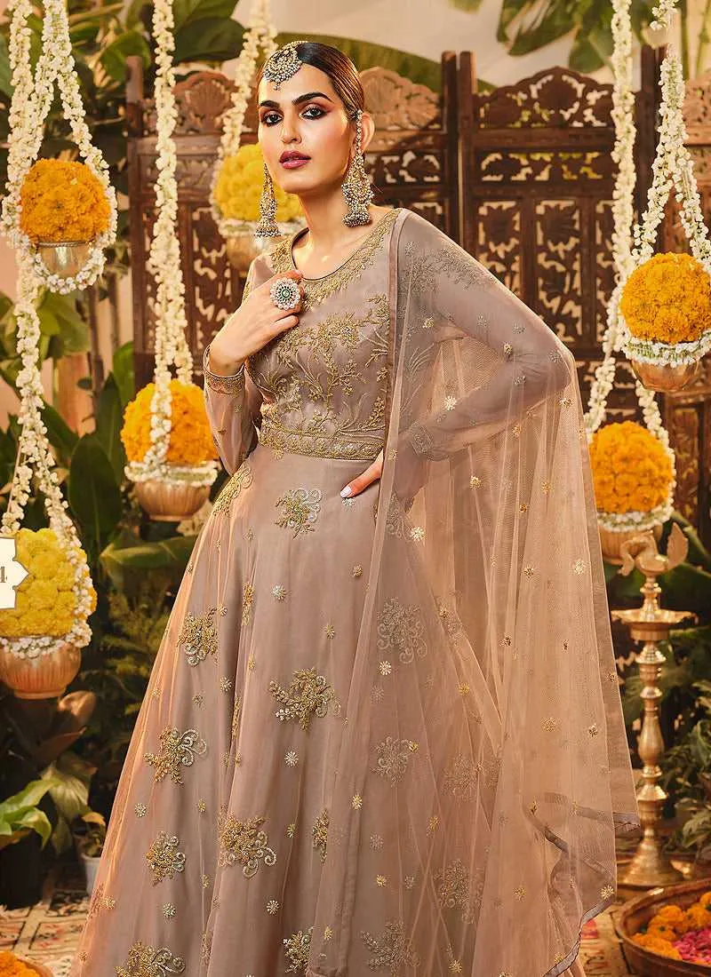 Light Beige Heavy Embroidered Kalidar Anarkali
