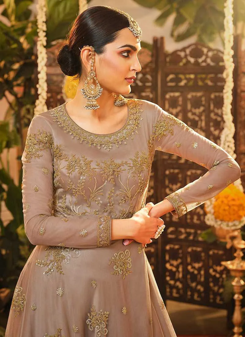 Light Beige Heavy Embroidered Kalidar Anarkali